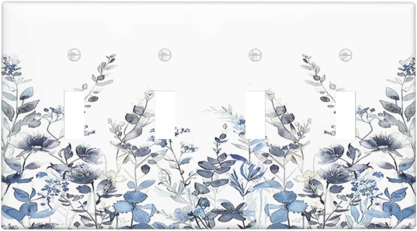 Light Switch Covers Light Blue Watercolor Leaves Plant With Floral Quad Toggle Electrical Faceplate