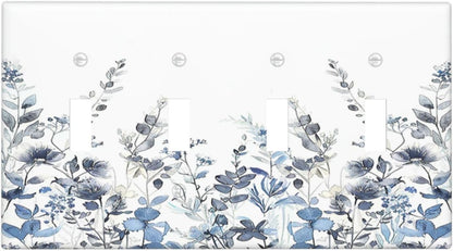 Light Switch Covers Light Blue Watercolor Leaves Plant With Floral Quad Toggle Electrical Faceplate