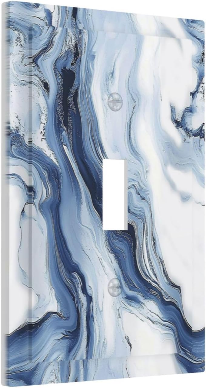Decorative Light Switch Cover White Marble Navy Blue Line Fluid 1 Gang Single Toggle Device