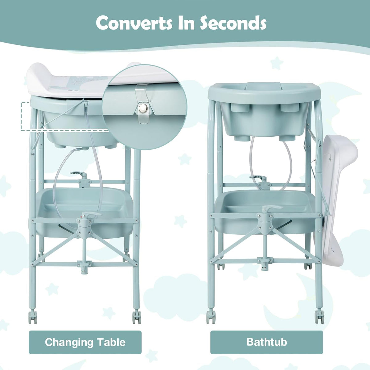 HONEY JOY Baby Changing Table with Bathtub, Foldable Infant Diaper Changing Station with Wheels