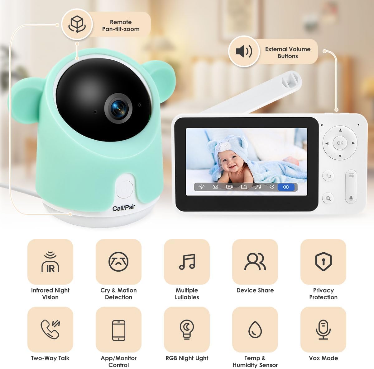 Baby Monitor with Camera and Audio, 1080P Baby Camera Monitor WiFi Smartphone App Control Night