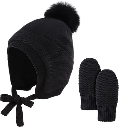 Basic Winter Baby Beanie Gloves Boys Girls Knitted Hat Pompom Kids Earflap Hats Warm Infant Toddler