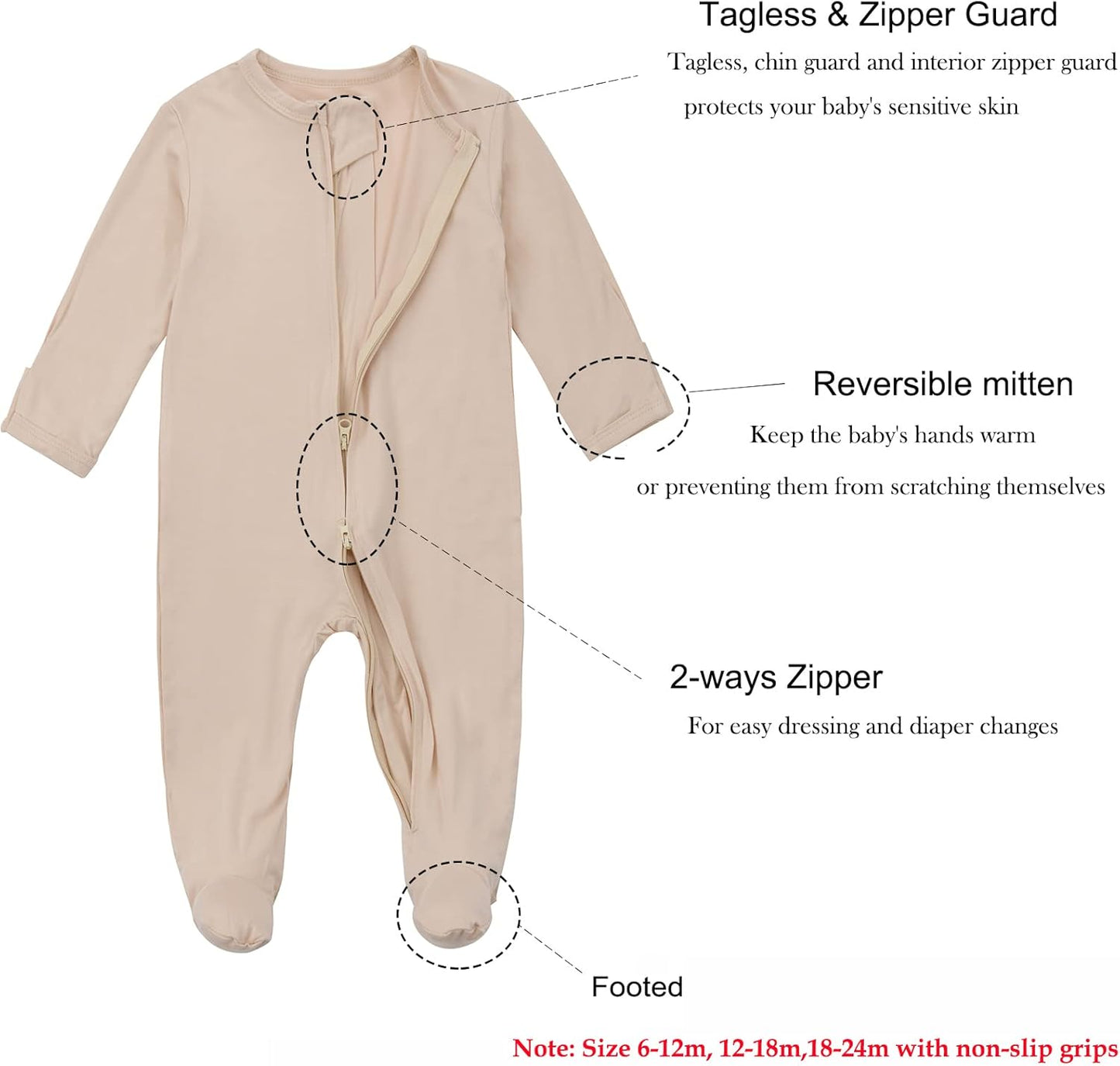 Aablexema Baby Zipper Pajamas Bamboo Rayon, 3pcs Unisex Infant Onesie with Mitten Long Sleeve