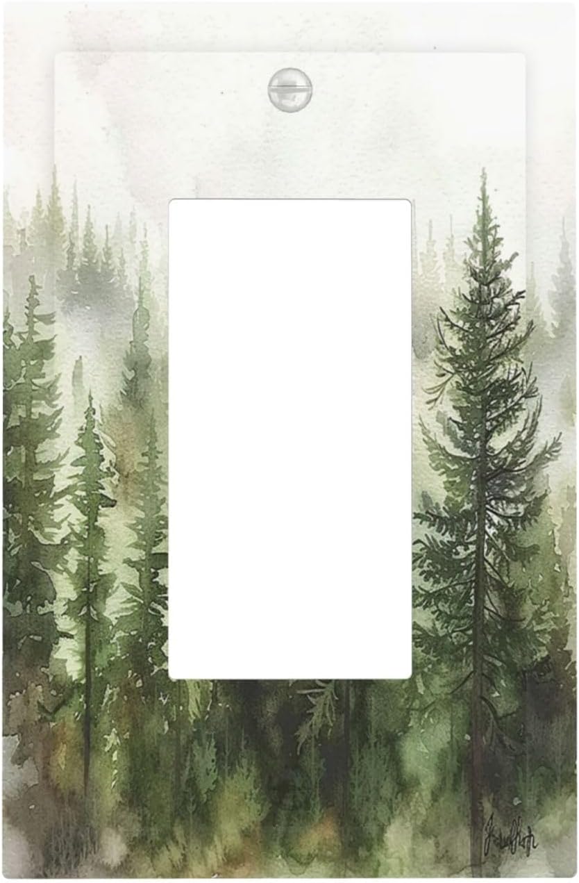 Decorative Outlet Covers Green Forest Watercolor Painting Foggy Pine 1 Gang Single Rocker Light