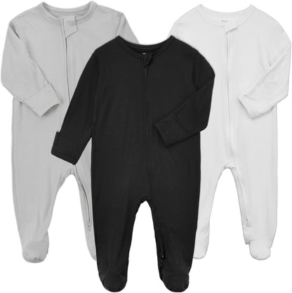 Aablexema Baby Zipper Pajamas Bamboo Rayon, 3pcs Unisex Infant Onesie with Mitten Long Sleeve