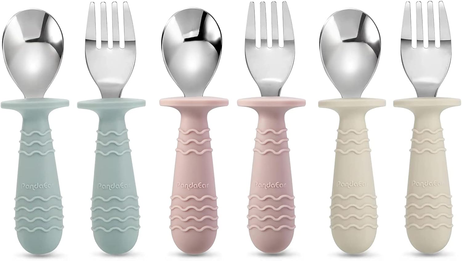 PandaEar 6 Pieces Baby Toddler Silicone Stainless Steel Utensils Silverware Spoon Fork for Baby