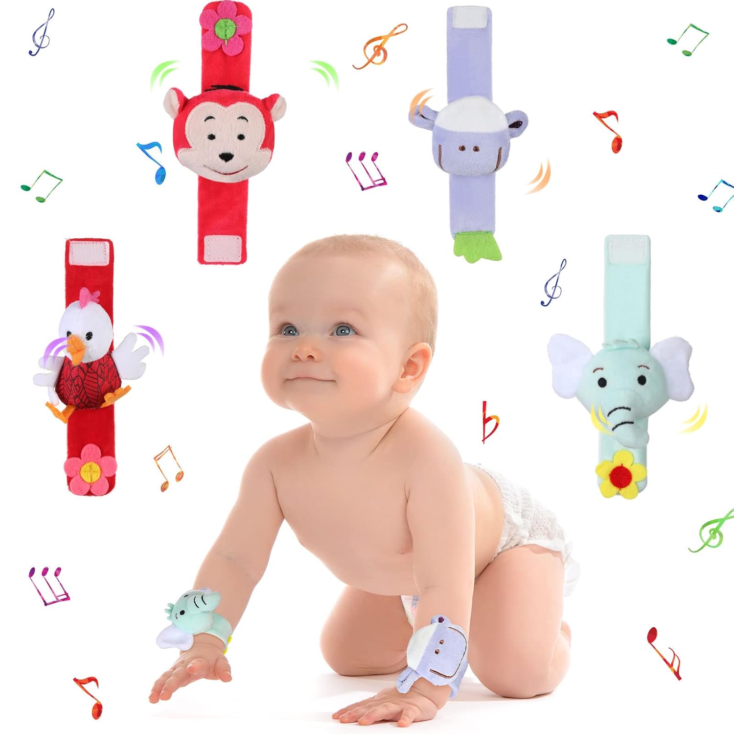 4 Pieces Baby Wrist Rattles Animal Pattern Newborn Foot Rattles Toy for 0-12 Months Babies Boy Girl