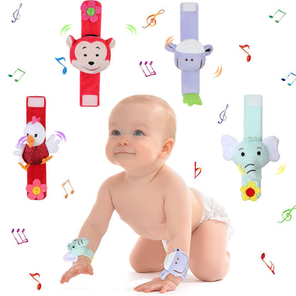 4 Pieces Baby Wrist Rattles Animal Pattern Newborn Foot Rattles Toy for 0-12 Months Babies Boy Girl