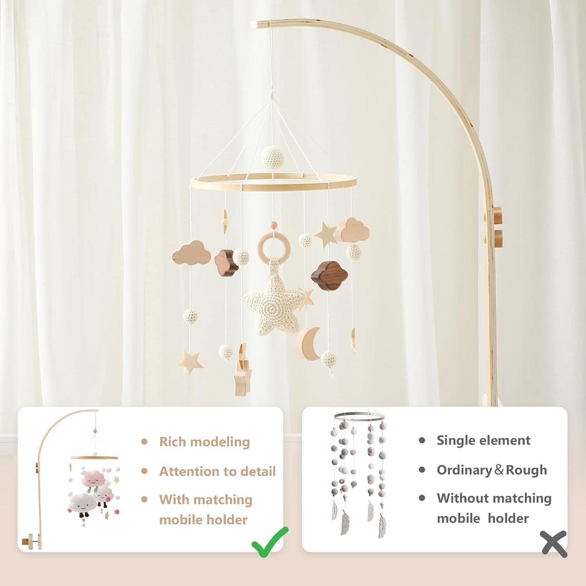 Baby Crib Mobile with Arm Boho Star Moon Nursery Mobile Set Wooden Baby Mobile Holder for Hanging
