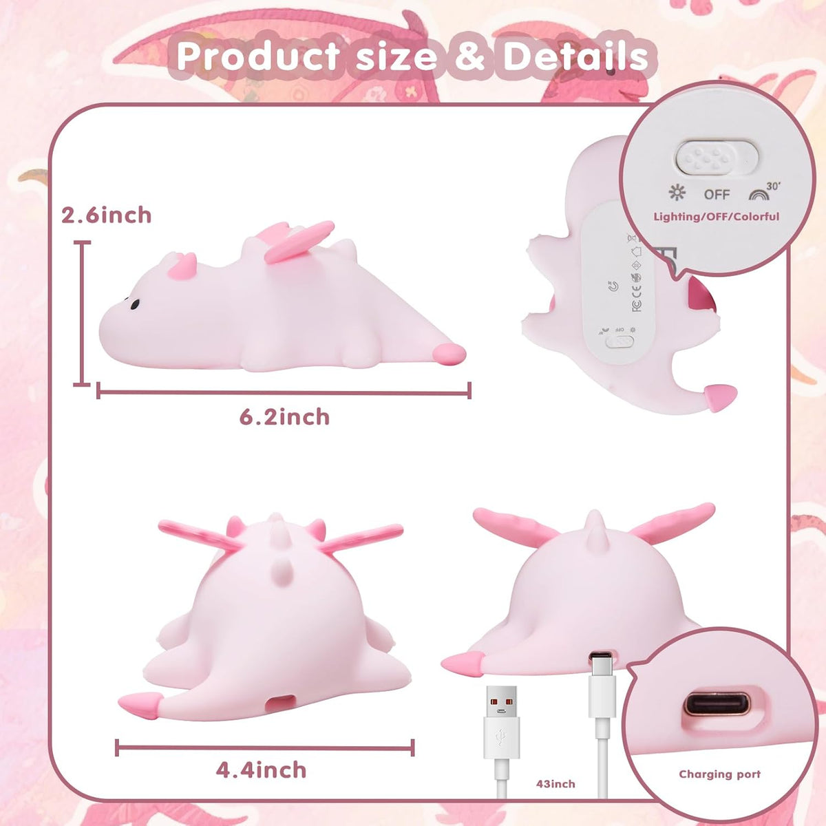 Cute Baby Dragon Kids Night Light for Kids,Cute Soft Silicone Lamp 3 Level Dimmable Changing