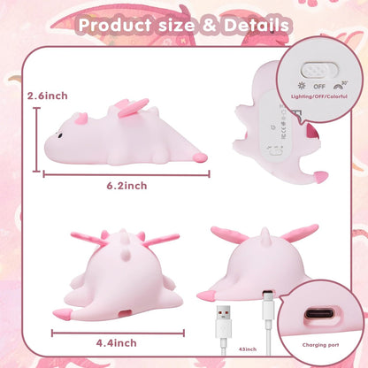 Cute Baby Dragon Kids Night Light for Kids,Cute Soft Silicone Lamp 3 Level Dimmable Changing