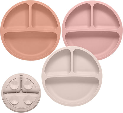 Toddler Plates, 3 Pack Divided Suction Plates for Baby, Food Grade Silicone Baby Plates, BPA Free
