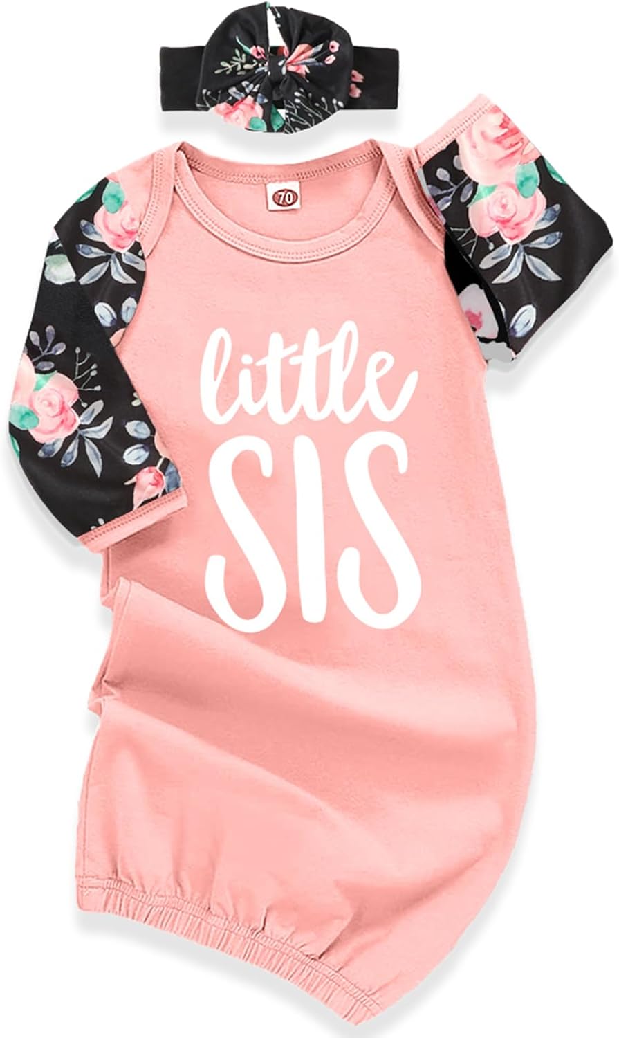 AMAWMW Newborn Baby Girl Little Sister Sleeper Gown Stripe Long Sleeve Nightgown Pajamas Gifts
