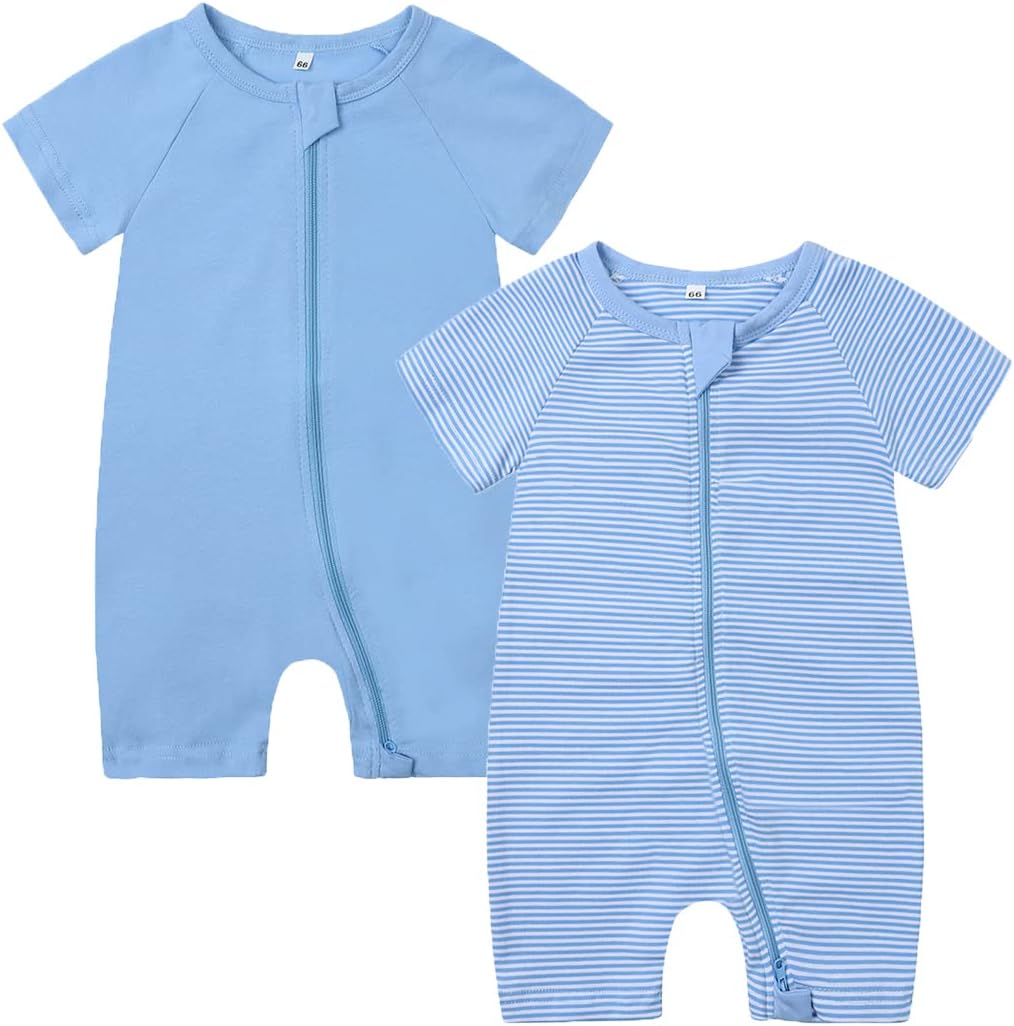 Feidoog Baby Boys 2Pack Rompers Summer Short Sleeve 2 Way Zipper One-Piece Romper Jumpsuit Sleep