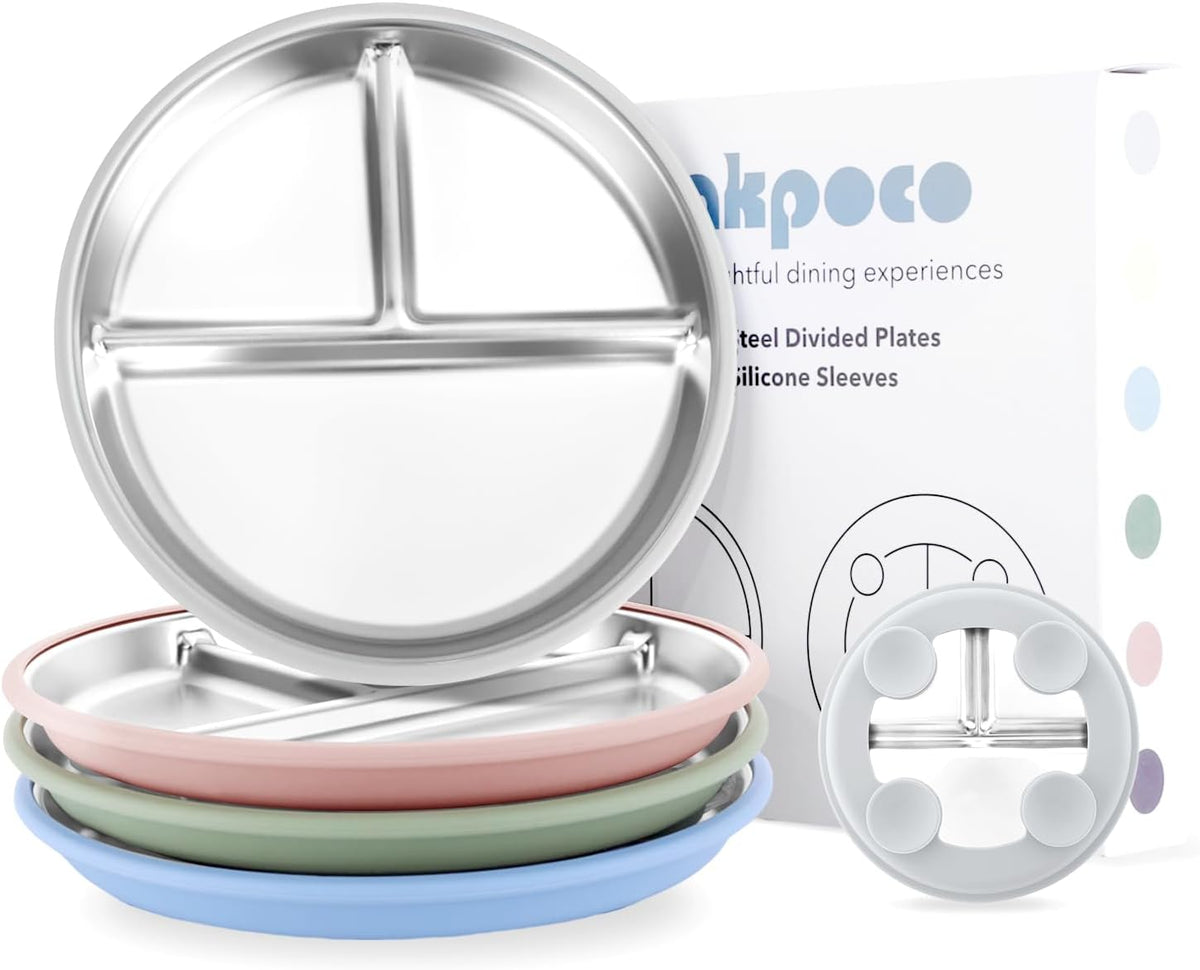 Stainless Steel Suction Plates for Toddlers, 9" Divided Kids Baby Plates with Removable Silicone