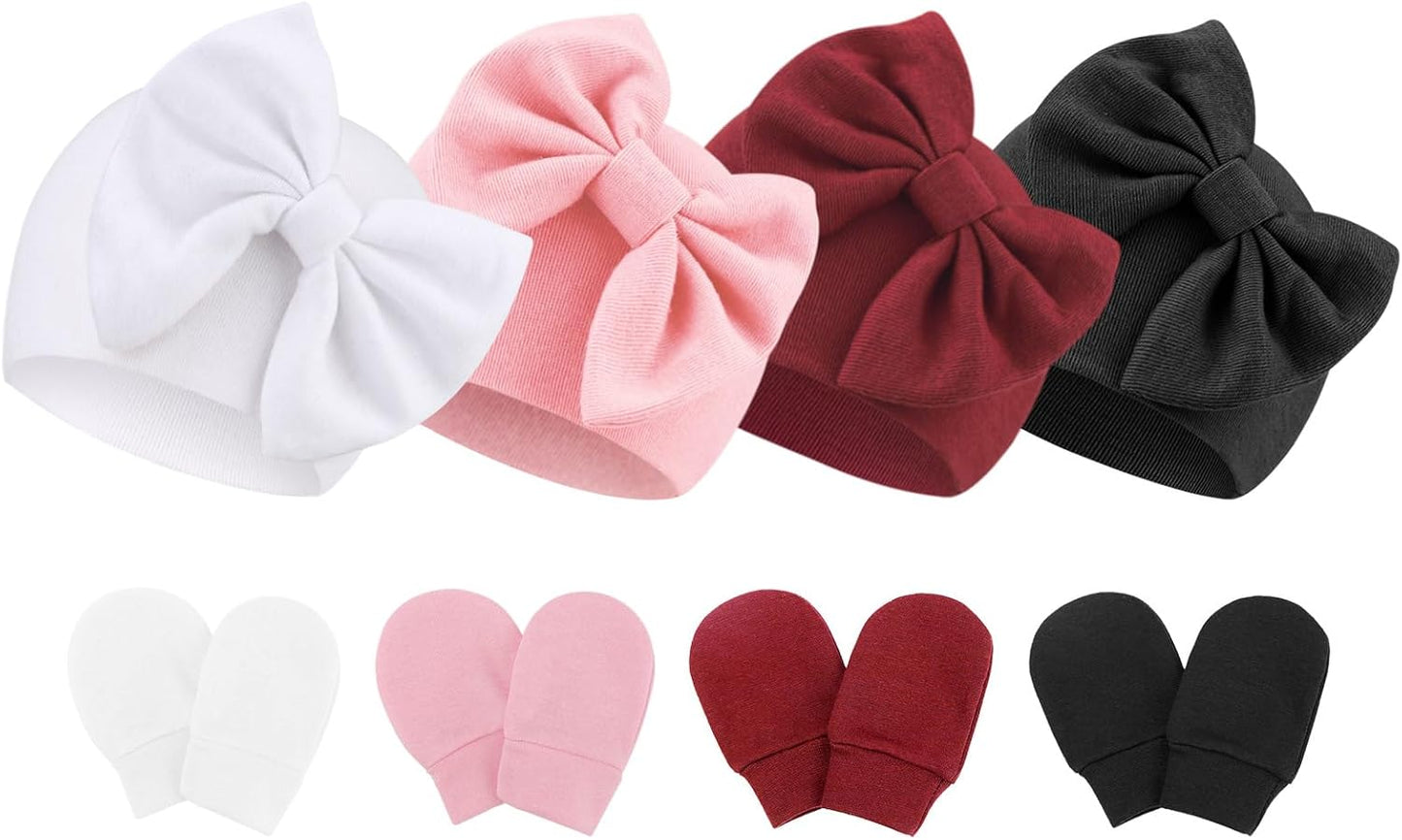 BQUBO Newborn Baby Hats Mittens Set Hospital Hat Beanie Infant Bow Hats Baby Gloves No Scratch