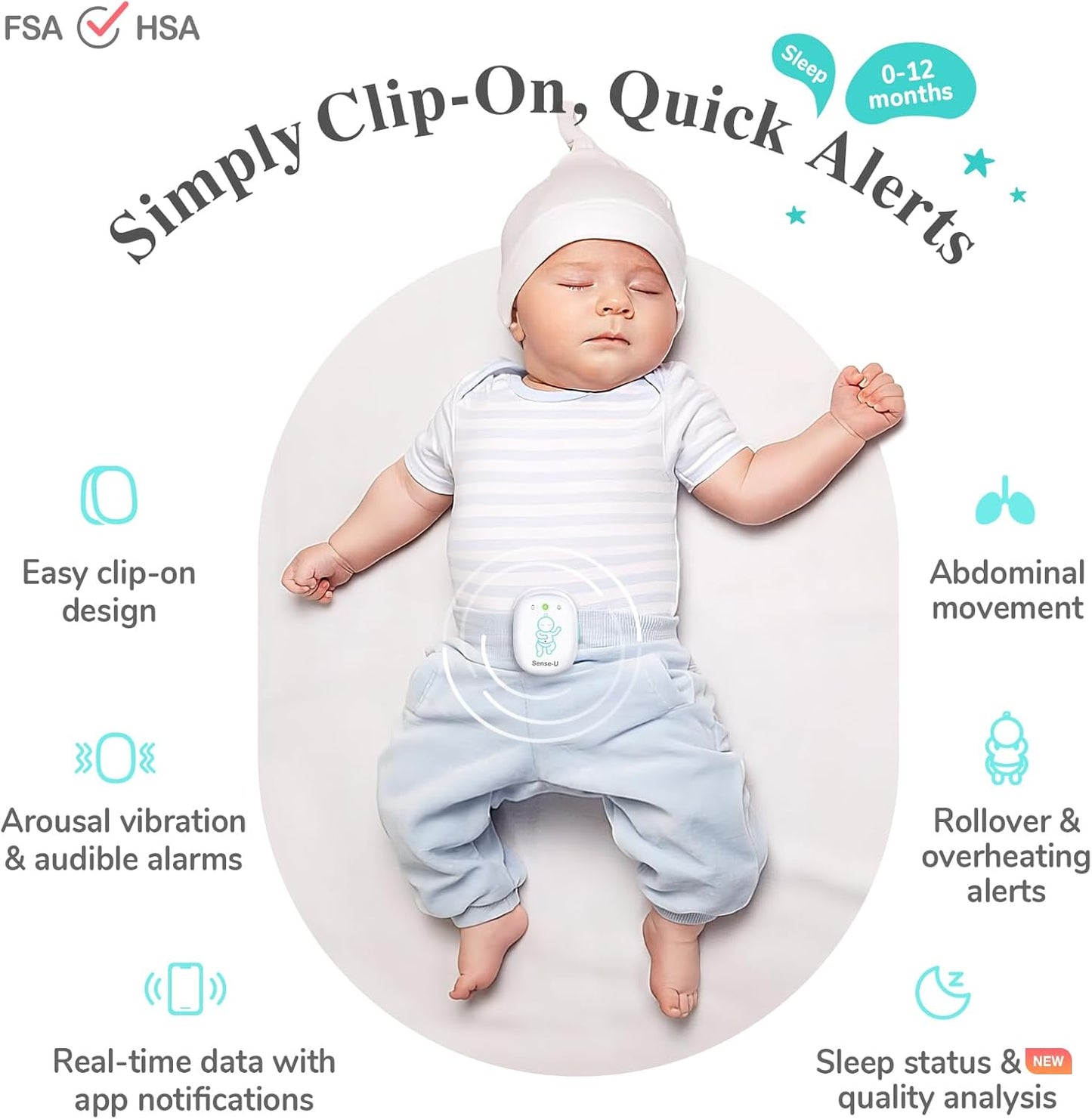 Sense-U Smart Baby Monitor Pro with Arousal Vibration, Audible and App Alerts: Tracks Abdominal