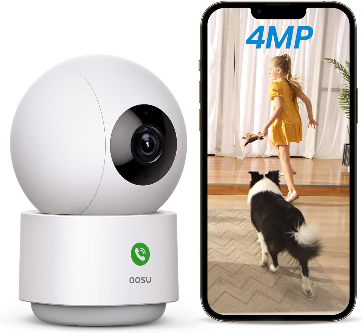 AOSU 4MP Security Camera Indoor, 2.5K Baby Monitor Pet Camera 360° for Home Security, WiFi Camera