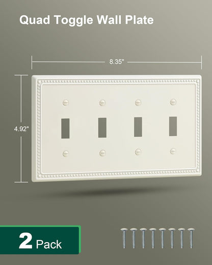 2-Pack Quad Toggle Light Switch Cover Plate, 4 Gang Metal Switch Plate Covers, Light Almond Pearls