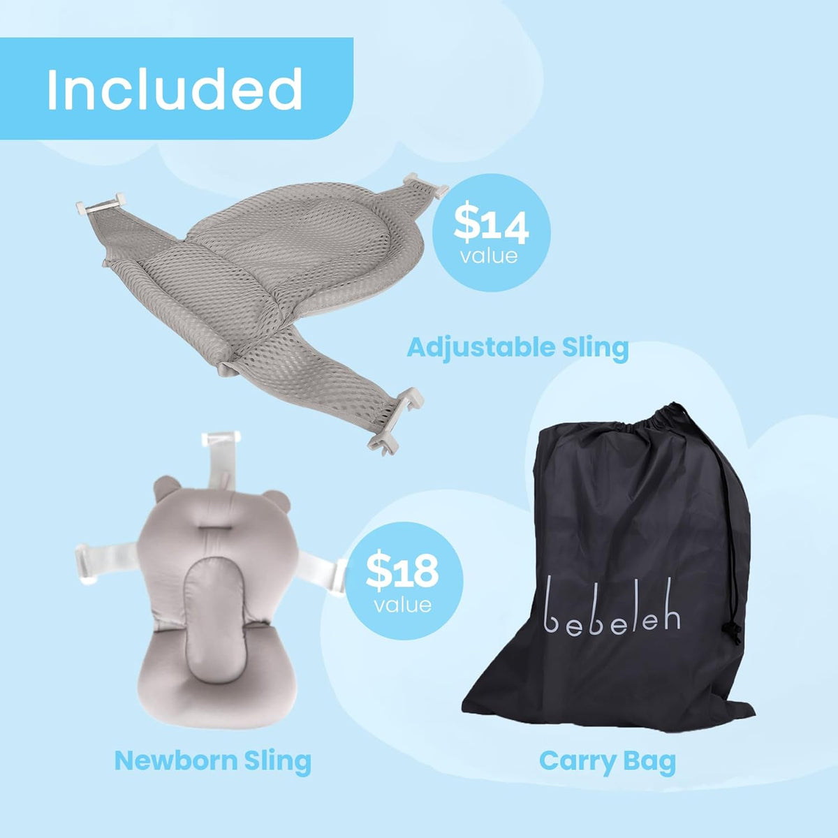 BEBELEH™ Collapsible Baby Bathtub with Thermometer – Bathtub + Baby tub Sling + Newborn Sling