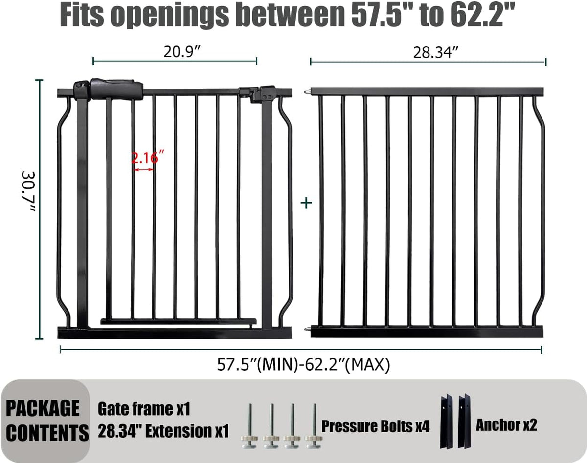 Extra Wide Baby Gate, 57.5-62 Inch - Black Metal, Pressure Mounted Indoor Safety Gate, Walk-Through
