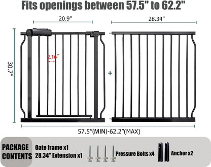 Extra Wide Baby Gate, 57.5-62 Inch - Black Metal, Pressure Mounted Indoor Safety Gate, Walk-Through