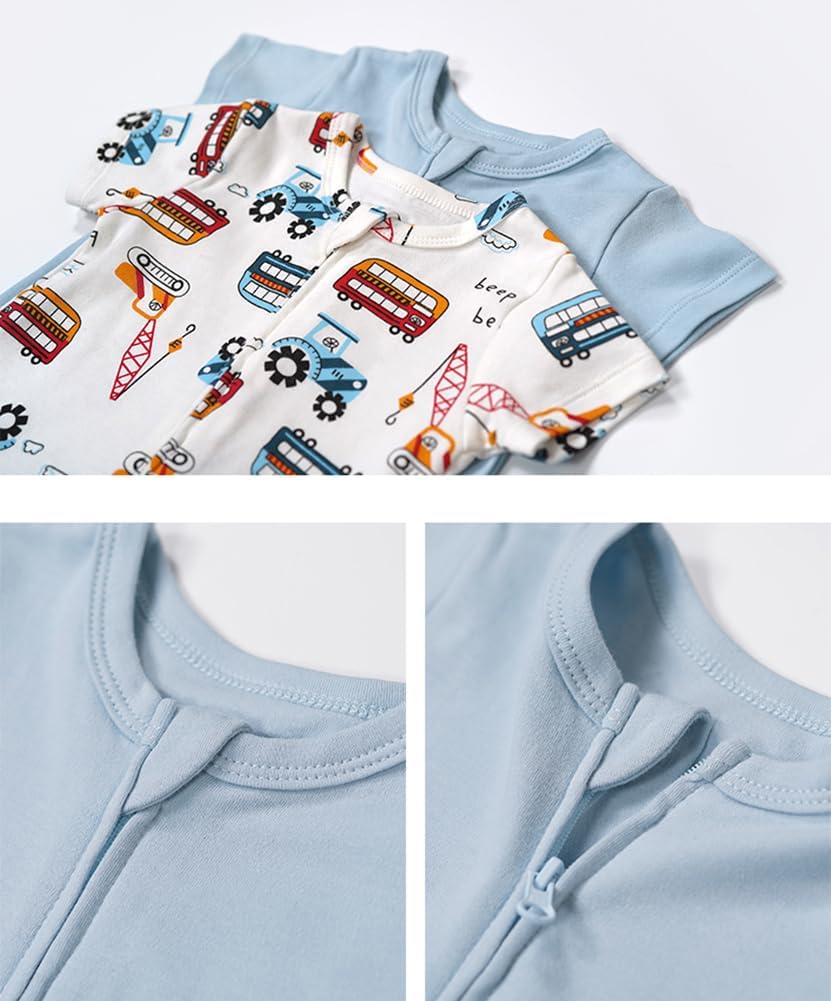 Teach Leanbh Unisex Baby 2 Pack Pajamas Cotton Short Sleeve 2 Way Zipper Printing Soild Romper