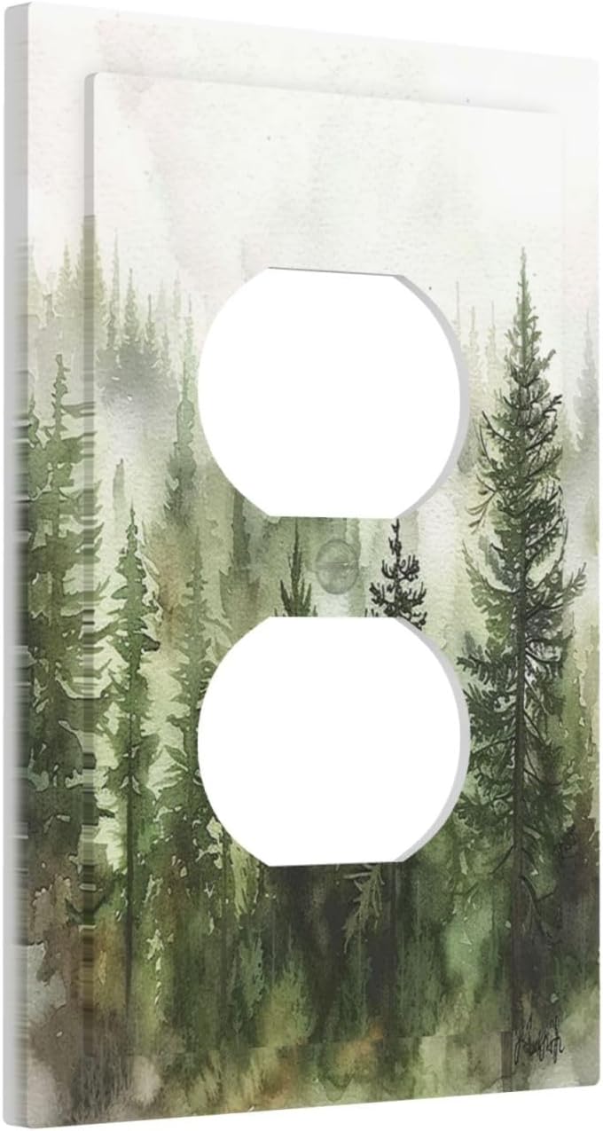 Outlet Covers Green Forest Watercolor Painting Foggy Pine 1 Gang Duplex Wall Plate Decorative