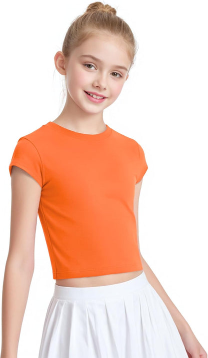 Auranso Girls Crop Tops Summer Short Sleeve Round Neck T Shirts Basic Tee for Kids