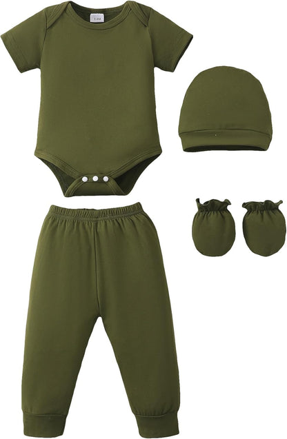 NZRVAWS Newborn Baby Boy Girl Clothes Unisex Infant Romper Pants Set Hat 4-Pack Outfits 0-12 Months