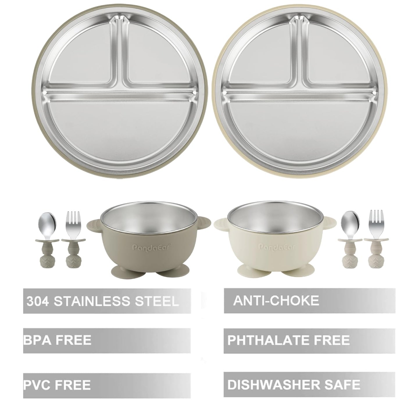 PandaEar 8PCS Baby Feeding Set | Stainless Steel Suction Plates and Bowls with Silicone Fork and