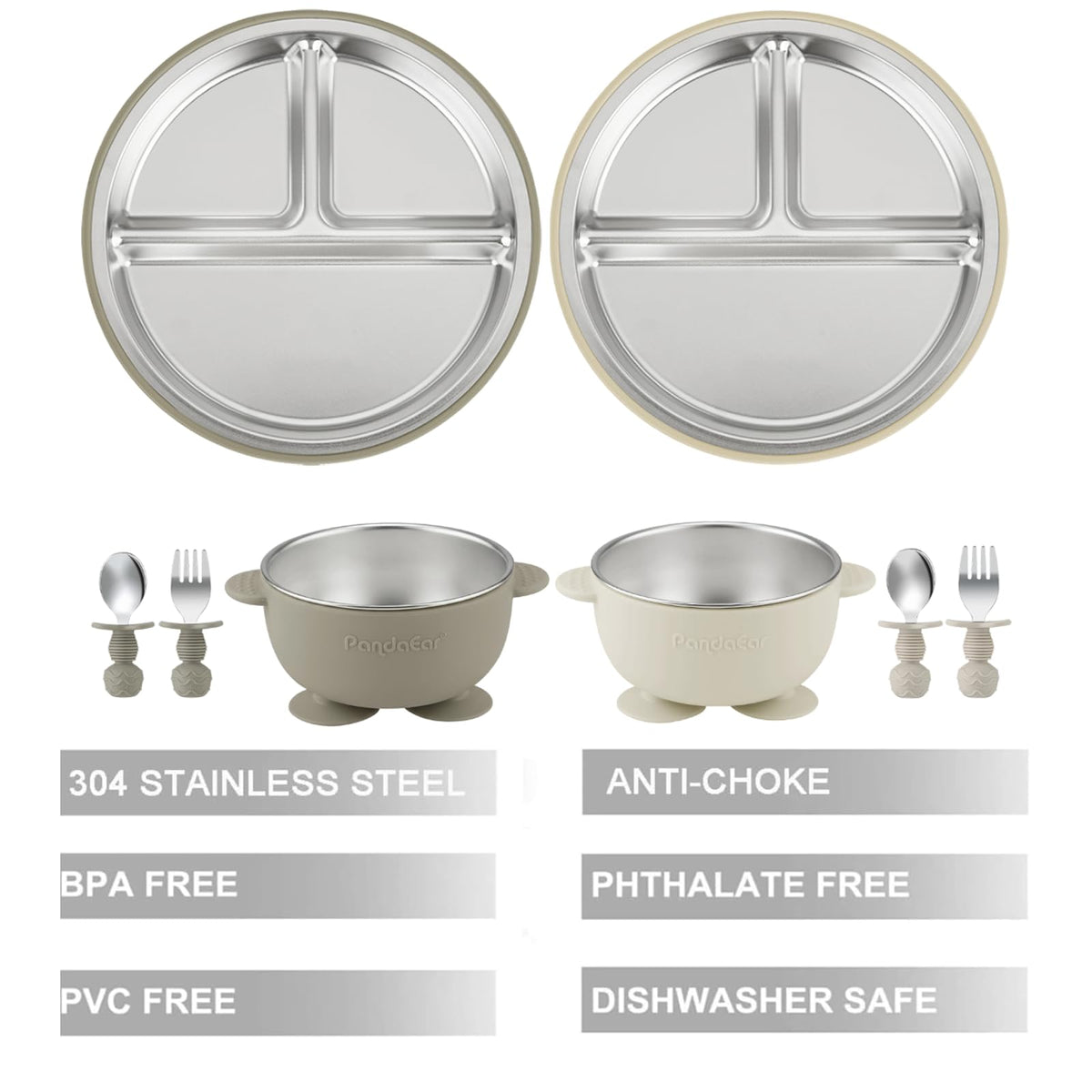 PandaEar 8PCS Baby Feeding Set | Stainless Steel Suction Plates and Bowls with Silicone Fork and
