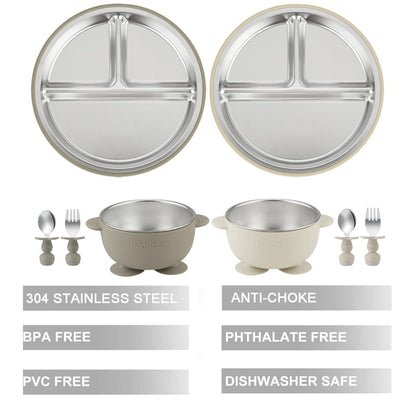 PandaEar 8PCS Baby Feeding Set | Stainless Steel Suction Plates and Bowls with Silicone Fork and