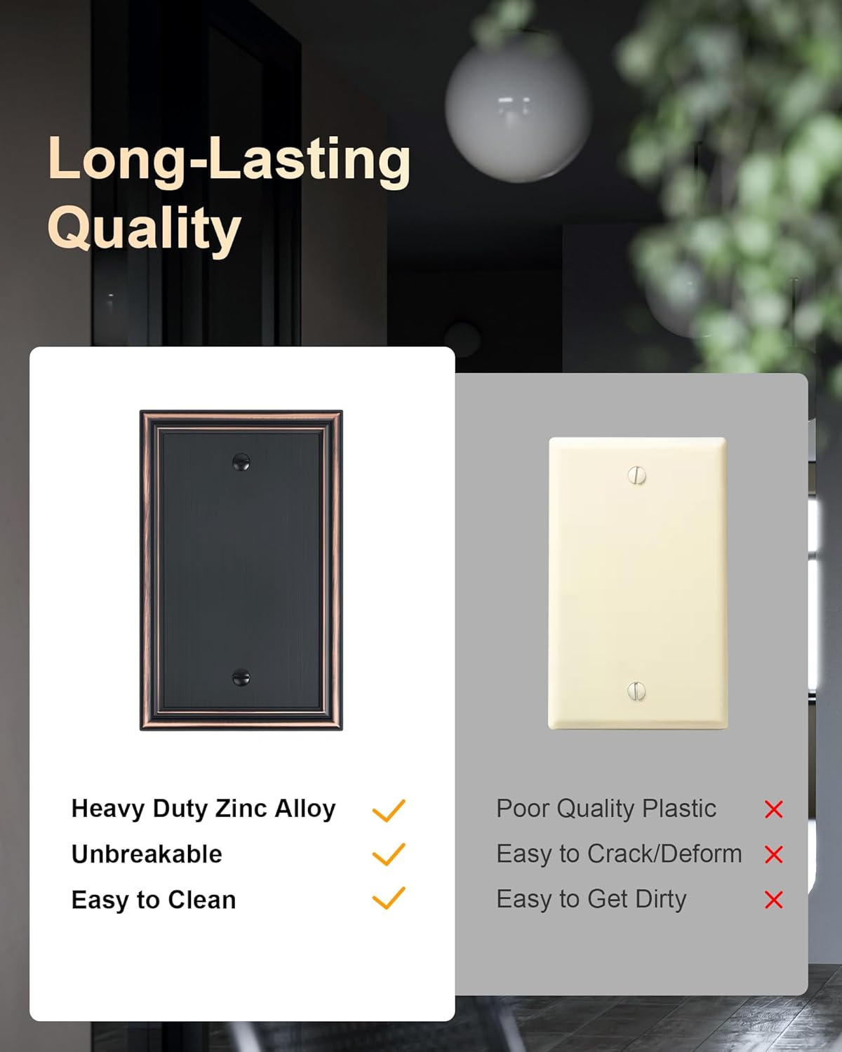 2-Pack Single Blank Wall Plates, Durable Solid Zinc Alloy Blank Outlet Covers, Decorative Aged