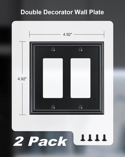 2-Pack Decorative Double Decorator Outlet Cover Plate, Durable Zinc Alloy Black Wall Plates for