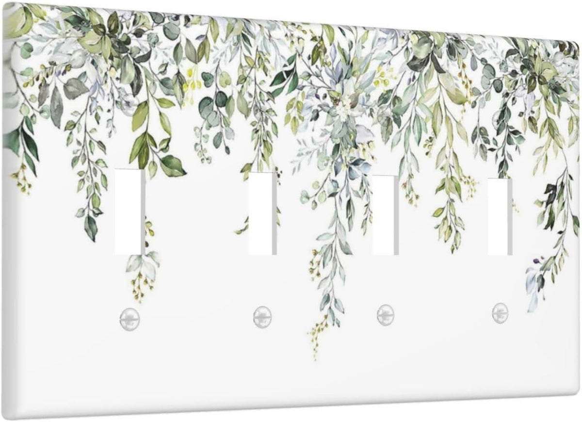 Light Switch Covers Boho Farmhouse Flower Leaf Sage Green Quad Toggle Electrical Faceplate 4 Gang