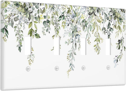 Light Switch Covers Boho Farmhouse Flower Leaf Sage Green Quad Toggle Electrical Faceplate 4 Gang