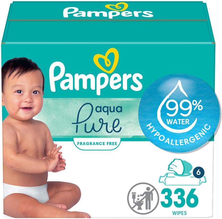 Pampers Baby Wipes Aqua Pure, 99% Water Based Wipes, Hypoallergenic and Unscented Infant Wipe, 336