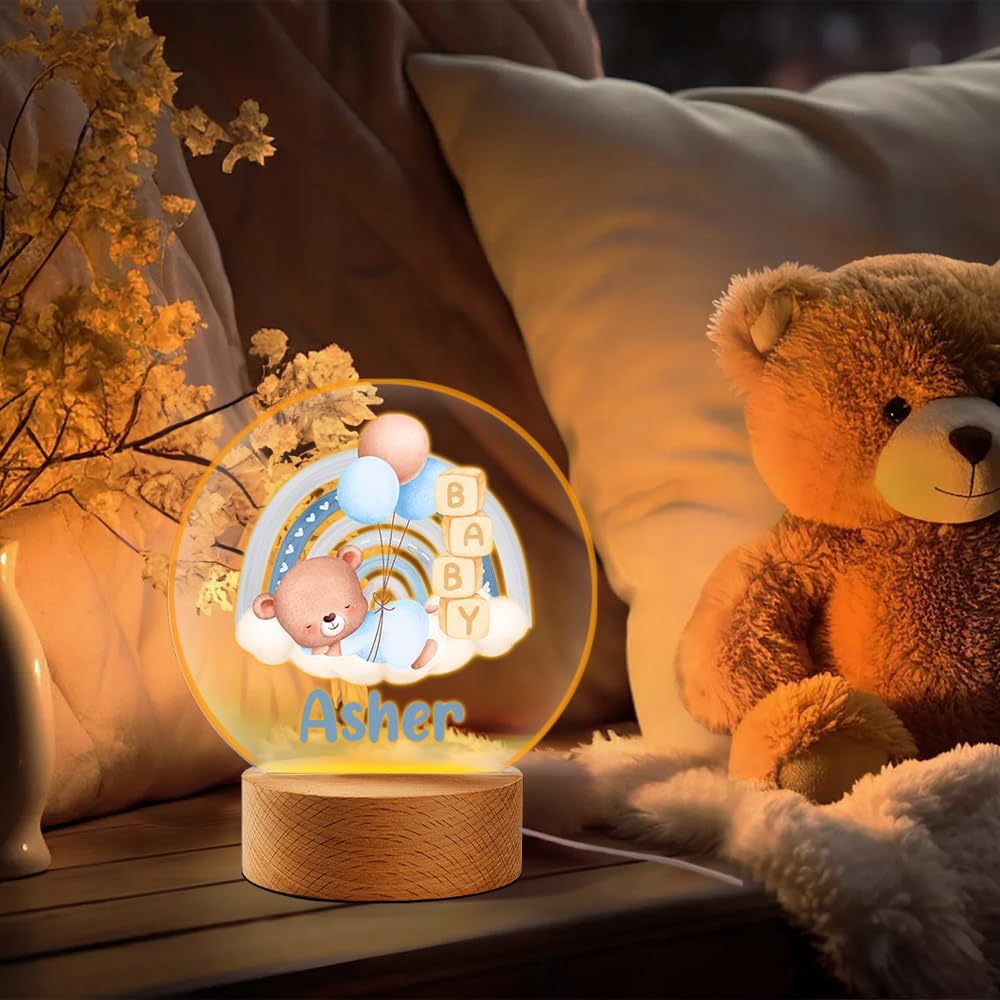 callie Acrylic Night Light Name Plate Personalized, Custom Cute Sleep Bear with Wooden Base Bedroom