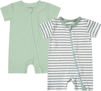 Teach Leanbh Unisex Baby 2 Pack Pajamas Cotton Short Sleeve 2 Way Zipper Stripe Soild Romper