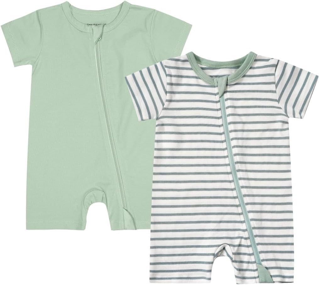 Teach Leanbh Unisex Baby 2 Pack Pajamas Cotton Short Sleeve 2 Way Zipper Stripe Soild Romper