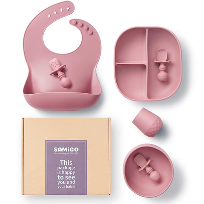 SAMiGO Silicone Baby Feeding Set, Baby Led Weaning Supplies, Suction Bowl Plate Bib Cup Self