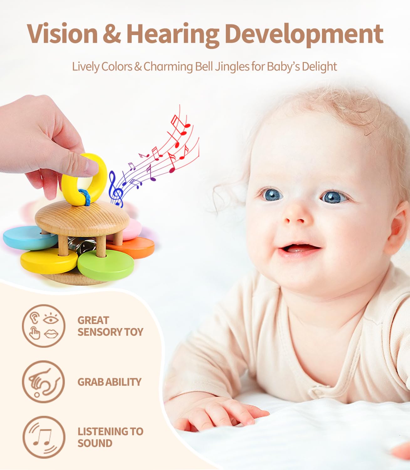6 PCS Wooden Baby Rattle, Organic Colorful Baby Hand Rattles Set, Wood Rattles for Babies 0-6-12