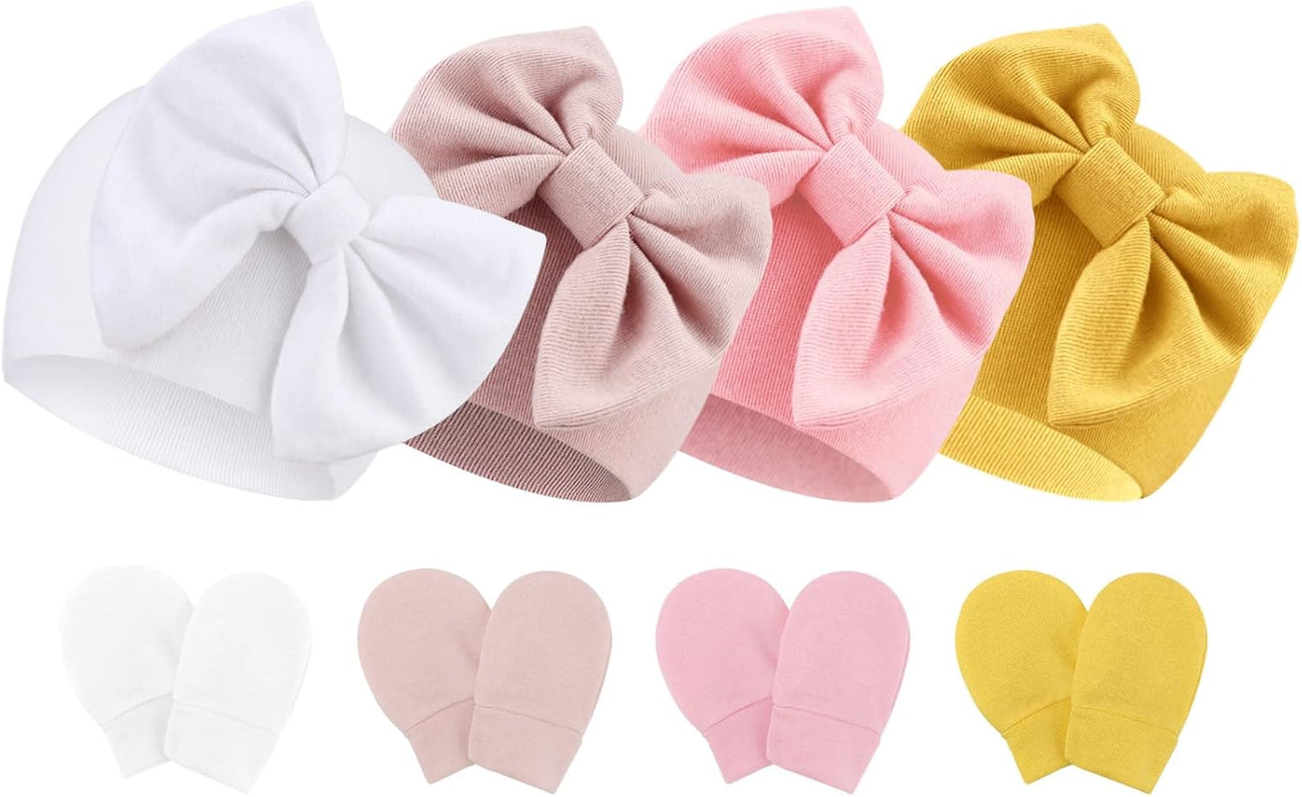 BQUBO Newborn Baby Hats Mittens Set Hospital Hat Beanie Infant Bow Hats Baby Gloves No Scratch
