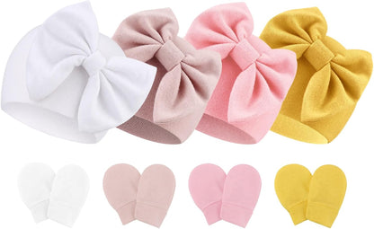 BQUBO Newborn Baby Hats Mittens Set Hospital Hat Beanie Infant Bow Hats Baby Gloves No Scratch