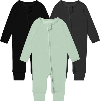 GUISBY Long Sleeve Cotton Pajamas Footless Baby Bodysuits with Zipper and Mittens 3-Pack for Boys