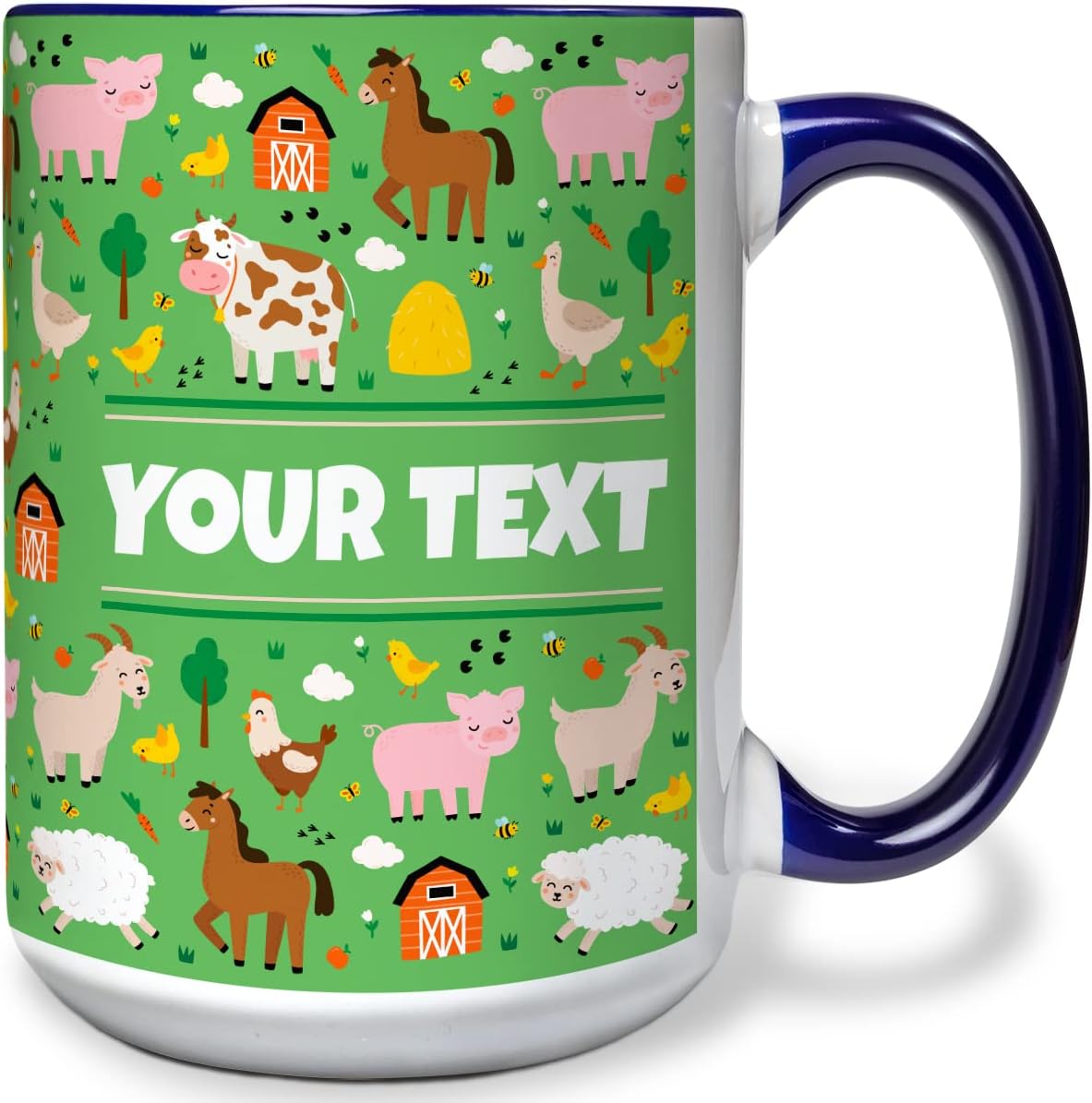 Personalized Mug for Kids - Farm Animals - Custom Name/Text, Ceramic Hot Chocolate/Cocoa/Coffee Cup