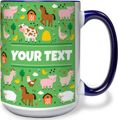 Personalized Mug for Kids - Farm Animals - Custom Name/Text, Ceramic Hot Chocolate/Cocoa/Coffee Cup