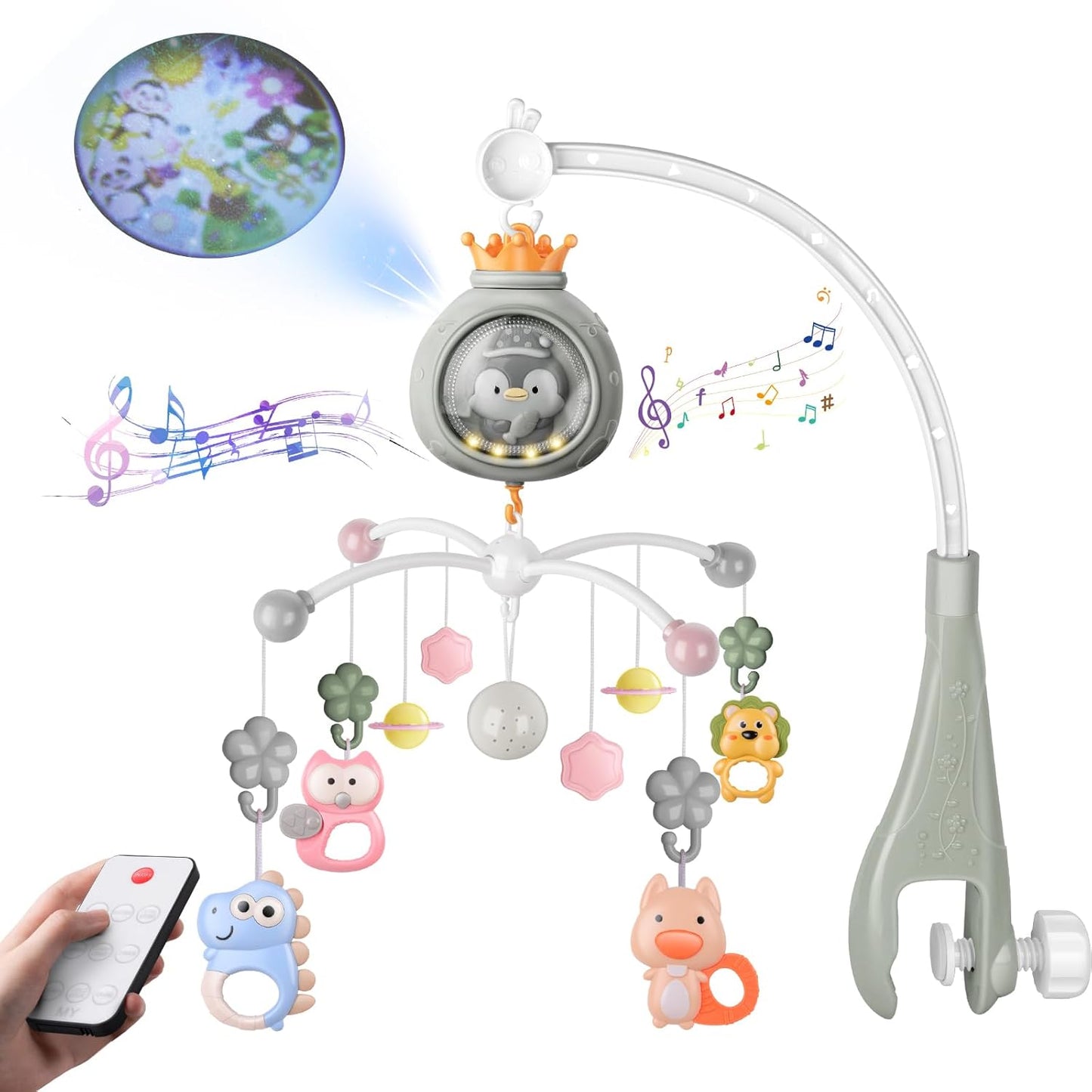 Crib Mobile with Music and Lights, Mobiles for Cribs, Baby Nursery Space Portable Infant Arm Hanger