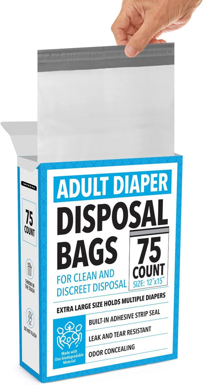 IMPRESA Disposable Adult Diaper Bags - 75-Pack, 12 x 15 in, Unscented - Odor-Proof, Leak-Proof &